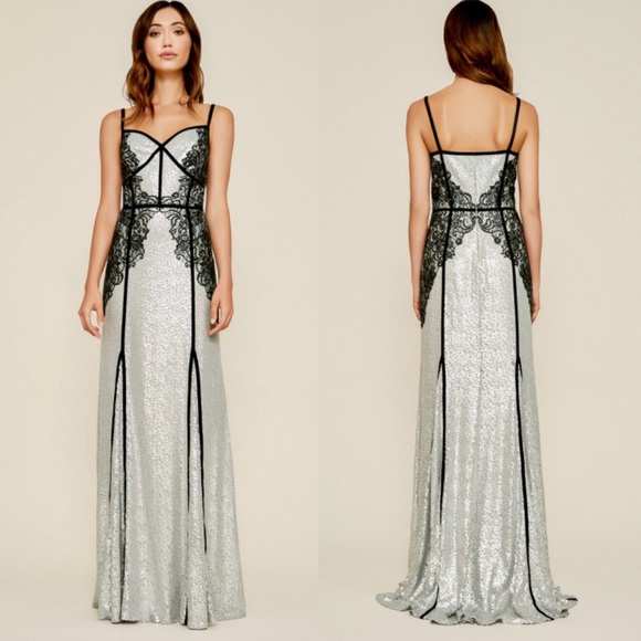 NEW Tadashi Shoji Janus Silver Sequin Black Lace Corset Gown Dress 8